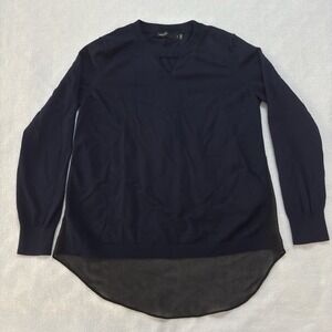 Karen Millen Top Women's Size 2 Navy Knot Contrast Black Round Neck Long Sleeve